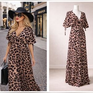 Cheetah Print Maxi Dress w/ Plunge Neckline